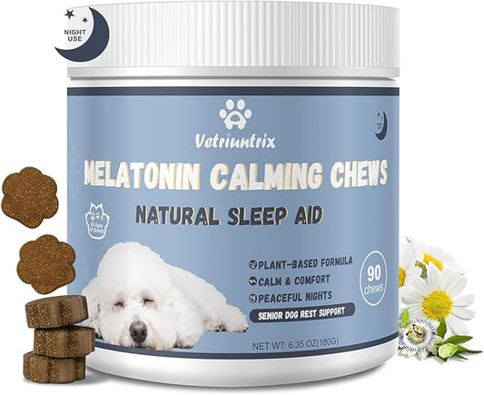 Melatonin for Dogs, Dog Calming Chews for Sleep Aid, Fireworks, Storms, Thunder, Barking, Separation, Calming Chews for Dogs with Valerian Root & L-Theanine, 90 Count