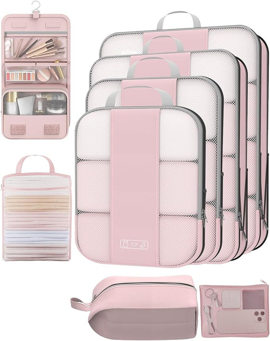 8 Set Compression Packing Cubes for Travel Essentials,Compressible Expandable Packing Cubes for Suitcase,OlarHike Luggage Organizer Bags for Travel,Handy Helper for Organizing Clothes(Pink)