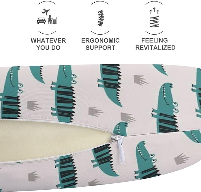 Stylish U Shaped Travel Neck Pillow Memory Foam Chin Support Alligator Animal, Breathable Washable Cover for Airplane Car Office Decor