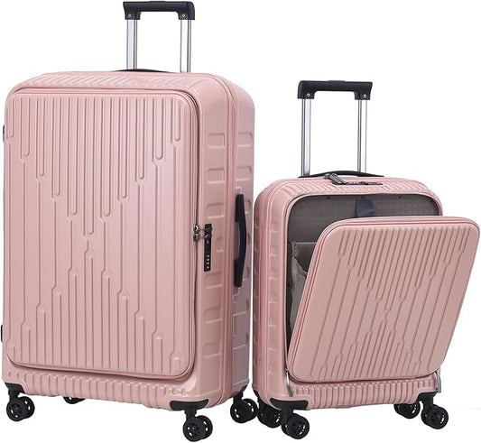 2 Pieces 20/29 Luggage Sets, 20 Inch Cabin Luggage with Front Pocket & 29 Inch Side Opening Suitcase, Ligthweight ABS+PC Hardshell, Pink
