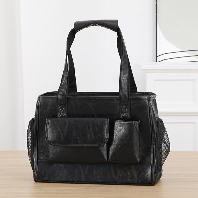 Dog Carrier Purse, Fashion Leather Pet Carrier Bag, Airline Approved Soft Sided Cat Travel Tote Bag with Pockets Black