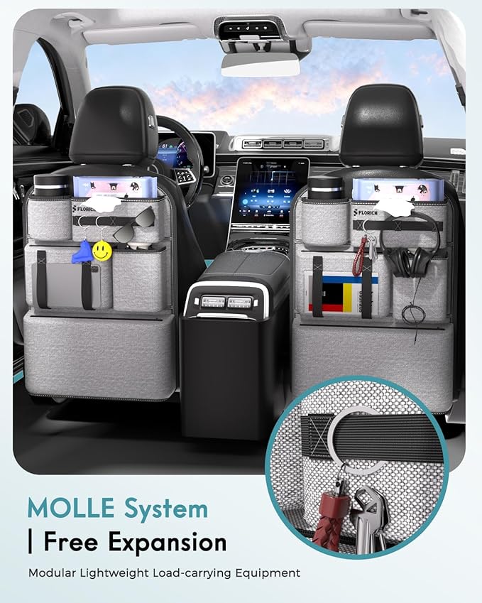 FLORICH PU-Coated Fabric Car Backseat Organizer, Durable Large capaity Seat Back Organizer and Storage with 6 Pocket, Kick Mats Back Seat Protector for Kids Universal Fit