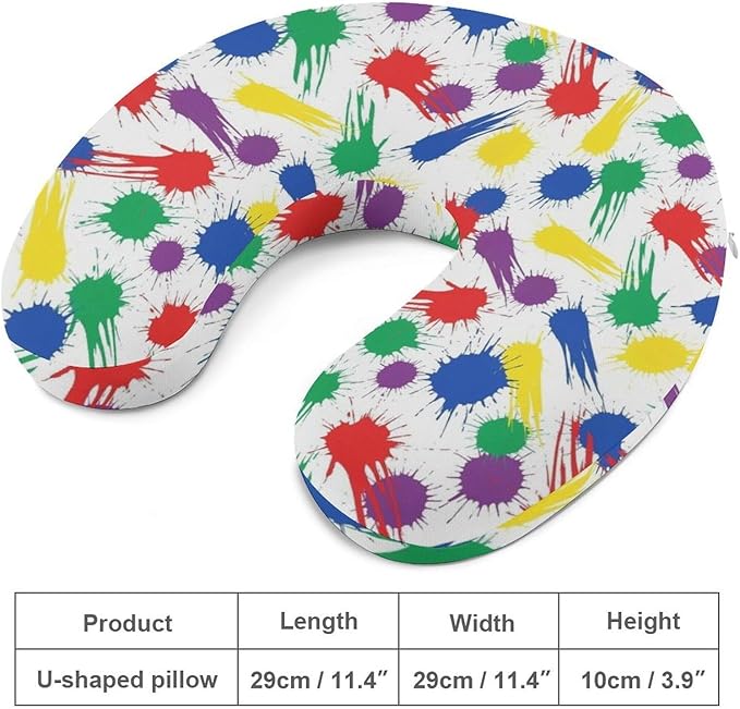 Fashion Travel Pillow Memory Foam Chin Head Support Colorful Paint Splatter, Breathable Washable Cover for Women Men Airplane Car Decor