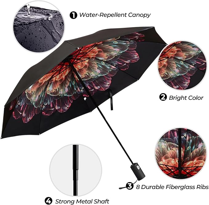 LLanxiry Compact Travel Umbrella, 44" Canopy, Automatic Open/Close Windproof Umbrella, 210T Pongee, 8-Rib Fiberglass, Travel Size Mini, Portable Rain/Sun Umbrellas UPF 50+ with Cover