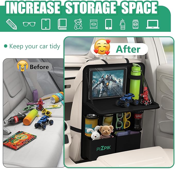 Car Backseat Organizer with Tablet Holder,11 Storage Pockets with Foldable Food Tray, Protector Kick Mats for Kids, Travel Accessories Organizer (Black, 1Pack with Food Tray)