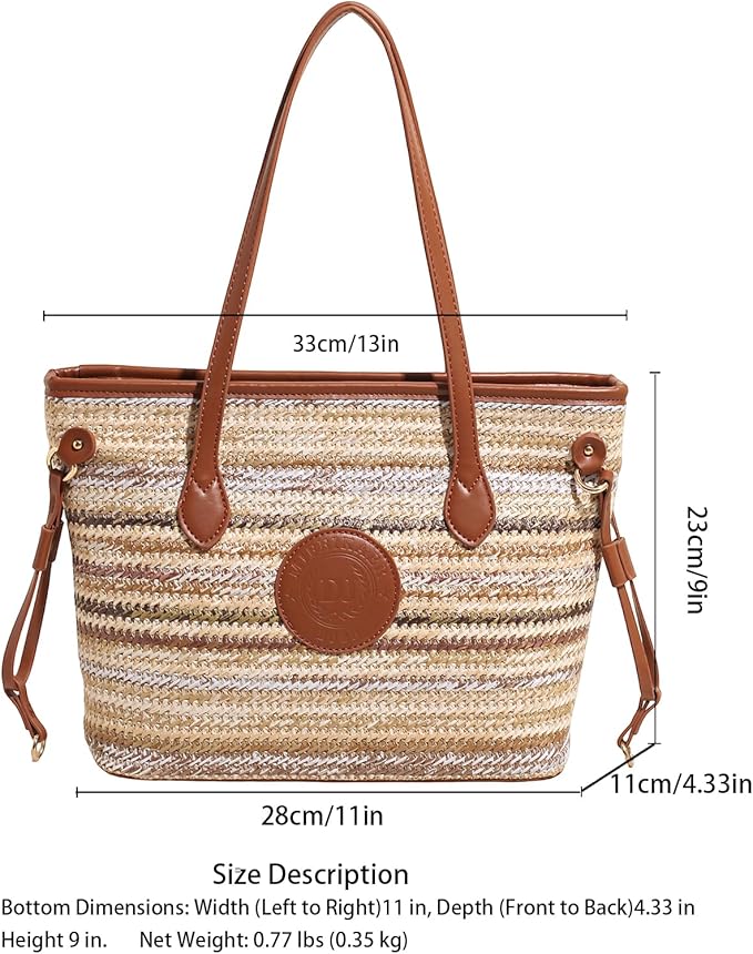 ZOCILOR Women's Straw Shoulder Tote Bag with PU Leather Trim, Large Woven Beach Handbag, Lightweight Casual Summer Purse
