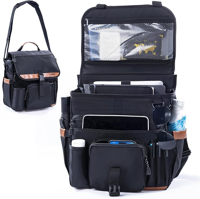 Car Seat Organizer with Lid and Laptop Compartment (Fits 15.6"), Front Seat Passenger Organizer with Adjustable Strap, Multiple Pockets, Portable Office Bag, Water-Resistant 1200D Polyester