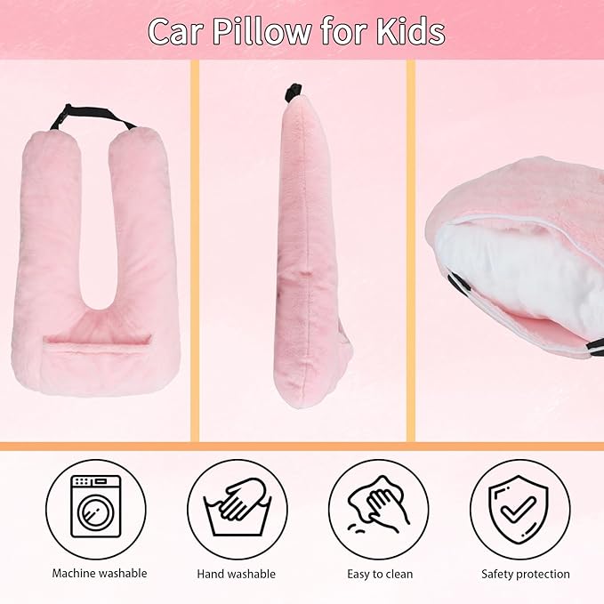 Car Pillow for Kids, U-Shaped Soft Car Travel Pillow for Sleeping with Removable Cover for Car Seat Head and Neck Support Children and Adult,Perfect for Long Road Travel,Pink