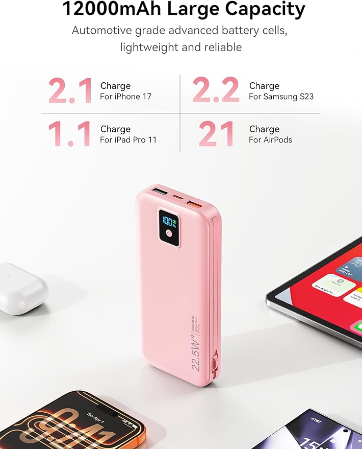 Portable Charger, 12000mAh 22.5W Fast Charging Power Bank with Built-in Cables & Wall Plug, Travel Essential Battery Pack with LED Display, USB C Battery Phone Charger for iPhone, iPad, Samsung Pink