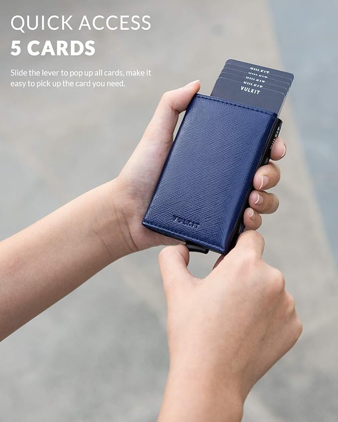 VULKIT Pop up Wallet Minimalist Cash Wallets RFID Blocking Leather Smart Credit Card Holder with Magnetic Closure for Men