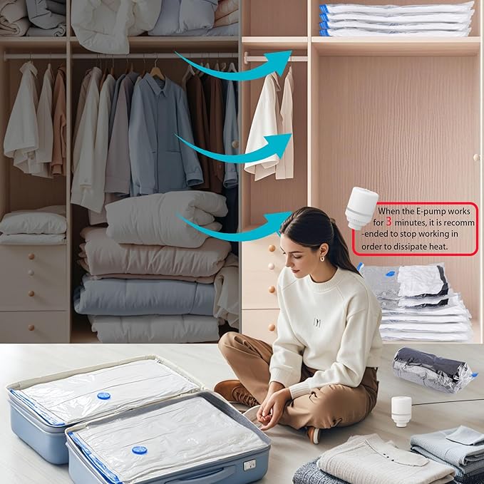 15 Pack Vacuum Storage Bags with Electric Pump, 3Jumbo/ 3Large/ 3Medium/ 3Small/ 3Roll Compression Space Saver Vacuum Seal Bags for Clothing Travel Luggage Comforters Blankets Pillows Bedding