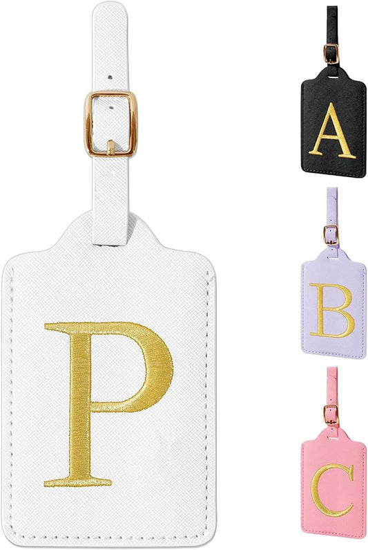 Personalized Initial Luggage Tags for Suitcase TSA Approved, White Leather Cute Luggage Tag with Privacy Cover Name Card, Embroidered Custom Luggage Tags Travel Baggage Tags Gifts for Women Kids(P)