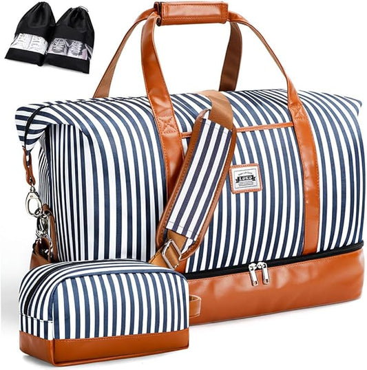 Lekebobor Weekender Bag for Women, Large Holdall Travel Duffle / Overnight Bag with Shoes Compartment & Toiletry Bag, 50L (Blue Striped)