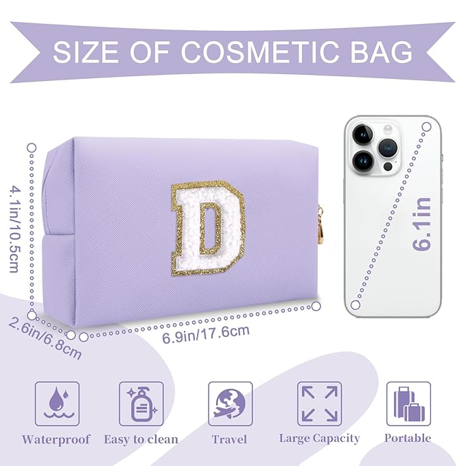 Personalized Makeup Bag Initial A-Z Preppy Patch Bag,Small PU Leather Travel Cosmetic Bag Pouch with Zipper,Purple Cute Toiletry Bag,Gift Ideal for Teen Girls Women Birthday Friend Mom,Latter D
