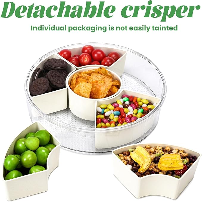 Snackle Box Container Divided Serving Tray with Lid, 6-Compartment Portable Spinning Round Stackable Container, Handle for Organize Veggies, Fruit, Candy, Party Snacks, Nuts, Kitchen Party Essentials