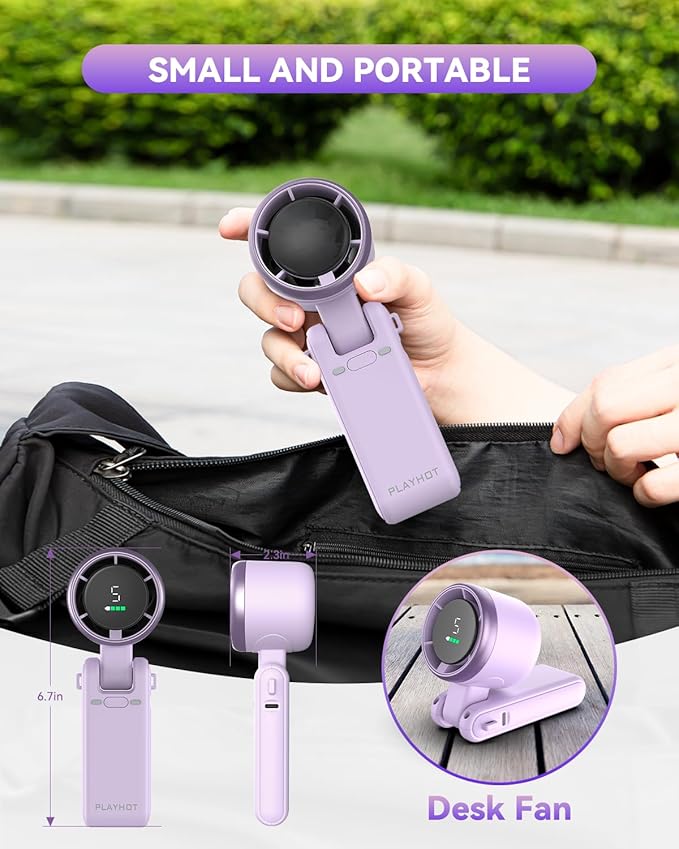 Portable Handheld Turbo Fan, 5-Speed Personal Fans, 5000mAh Rechargeable Fans Up to 12 Hours, Weight only 0.6lb Small Fan, Hand/Neck/Desk Fan 3 IN 1, Beach Vacation Essentials(Purple)