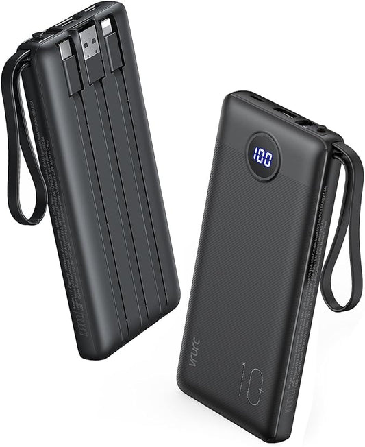 VRURC Portable Charger, 22.5W Slim Power Bank Fast Charging, 10000mAh USB C Portable Phone Charger, Compact Travel Battery Pack with Built-in Cables for iPhone 16 15 14 13, Samsung-Black(1 Pack)