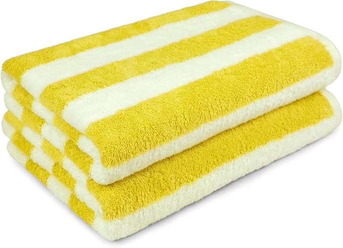 Amazon Basics 100% Cotton Terry Cabana Stripe Pool & Beach Towels, Soft & Absorbent, Large, 2-Pack, Yellow, 30" x 60"