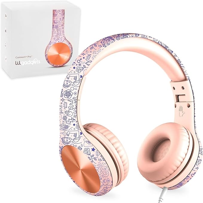 LilGadgets Connect+ Pro Wired Kids Headphones for School with Microphone, Volume Limiting Over-Ear Headset with Cord, SharePort Technology & SoftTouch Padding, Girl Power