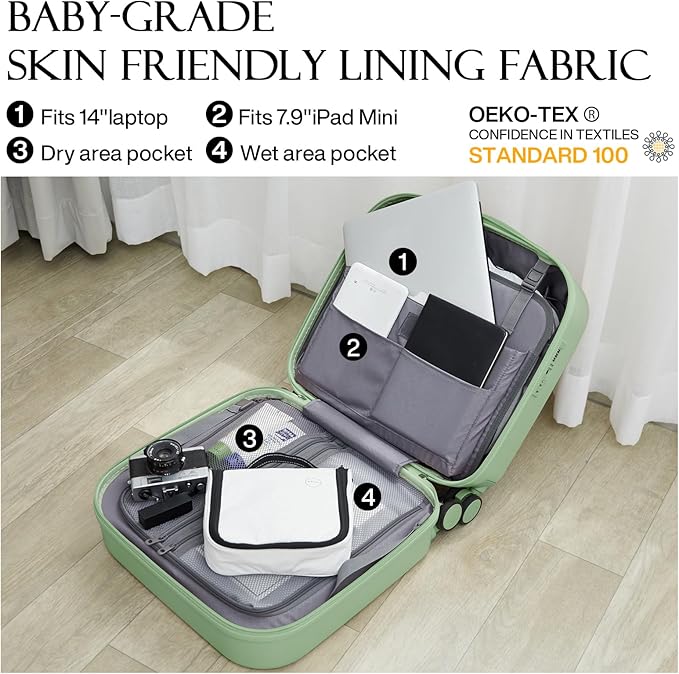 mixi Carry on Luggage, Suitcase with Spinner Wheels 16in Luggage Hardshell Lightweight Rolling Suitcases PC with Cover & TSA Lock, Avocado Green