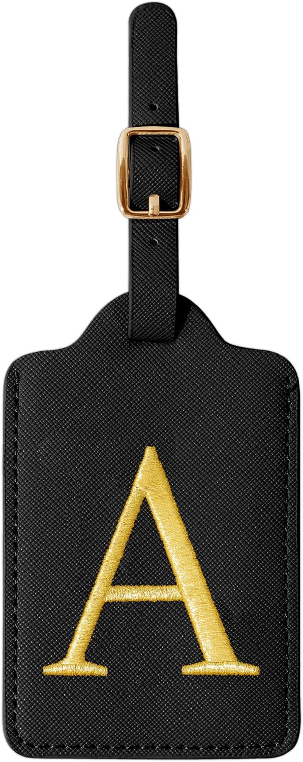 Personalized Initial Luggage Tags for Suitcase TSA Approved, Black Leather Cute Luggage Tag with Privacy Cover Name Card, Embroidered Custom Luggage Tags Travel Backpack Tags Gifts for Women Kids(A)