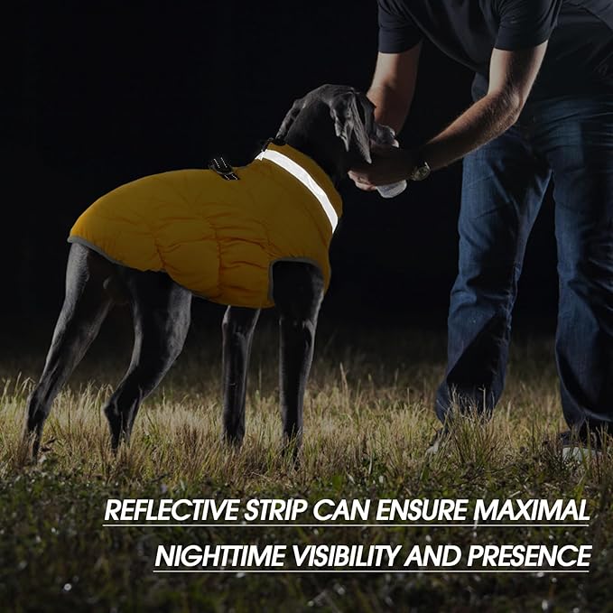 FUAMEY Dog Coat for Large Dogs,Waterproof Dog Winter Jacket with Harness Built in Puppy Cold Weather Coats Reflective Pet Vest with Zipper Warm Fleece Dogs Snowsuit Windproof Yellow 3XL