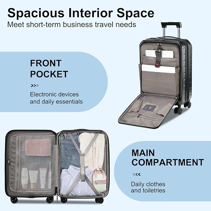 Expandable Carry On Luggage Airline Approved, 20 Inch Lightweight ABS+PC Hard Shell Suitcases with Front Pocket, Spinner Wheels, TSA Lock (Black, 1PC)