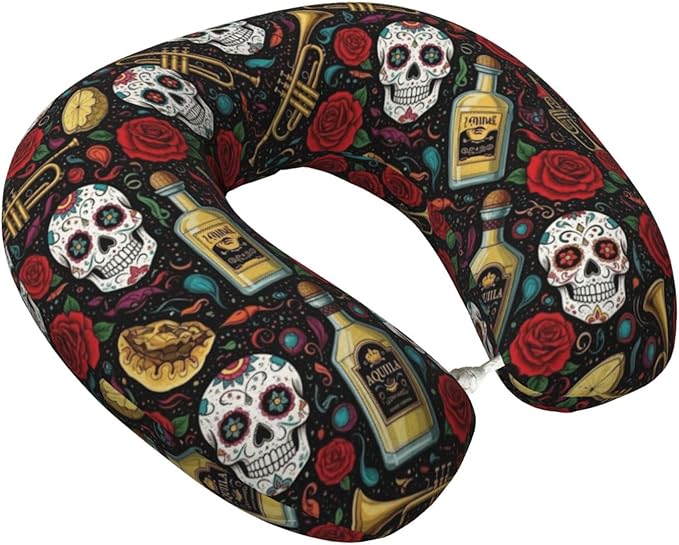 Support Neck Pillow for Youth Travel, Washable Airplane Chin Supporting and Relax U Shaped Pillows Vintage Day of Dead Sugar Skulls Rose Flowers Cactus