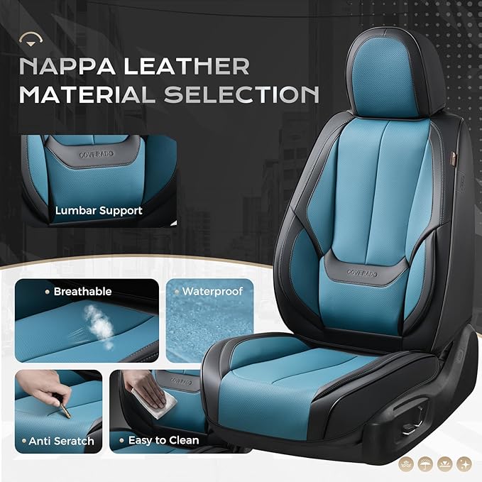 Coverado Car Seat Covers Full Set, Car Seat Protector Waterproof, Nappa Leather Car Seat Cushion, Seat Covers for Cars, Front Seats and Back Universal Fit for Most Cars