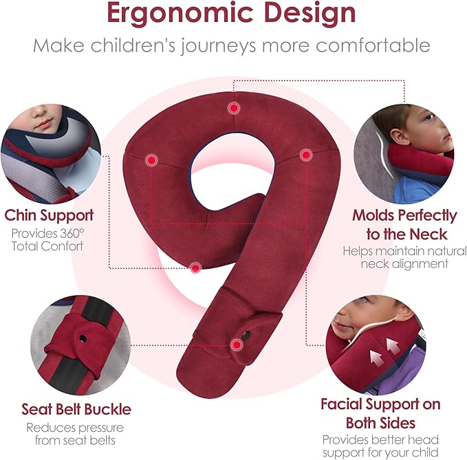 Kids Travel Neck Pillow, Comfortable Head & Chin Support for Car seat & Airplane, Toddler Pillow for Sleeping on Road Trip, Gifts for Child (Wine Red & Dark Blue)