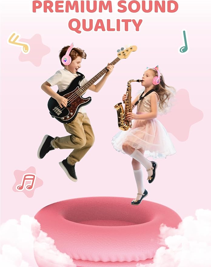 MIDOLA Kids Headphones Cat Ear Wireless Bluetooth 5.3 60H Over Ear, 8H with Led Light Foldable Headset with Aux 3.5mm Mic for Travel Pad Tablet Pink