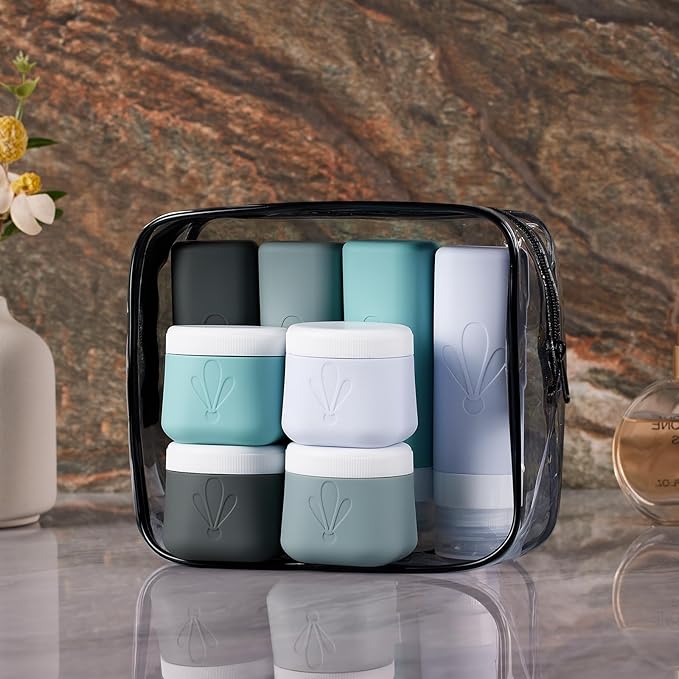 INSFIT 8 Pack Silicone Travel Bottles & Cream Jars with Toiletry Bag, 3oz Leakproof Containers & 2oz Jars with Waterproof Labels, BPA-Free Squeezable Toiletries Set for Shampoo, Lotion, Cosmetics