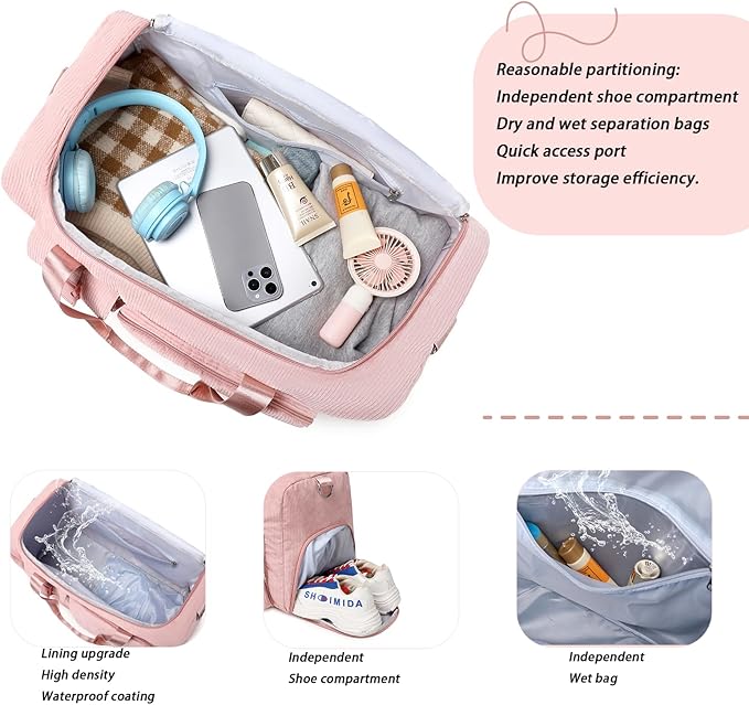 Girls Duffle Bag Woman Corduroy Travel Bag Kids Sports Duffel Bags With Shoe Compartment Wet Pocket (pink)