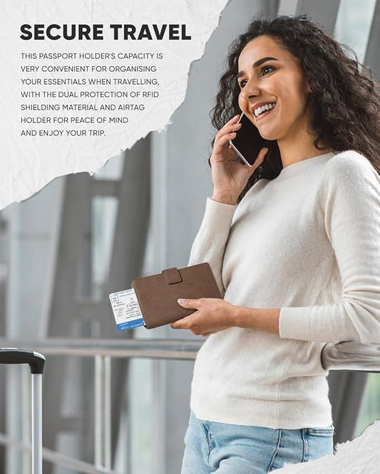 VULKIT Passport Holder with Airtag Holder RFID Blocking Passport Wallet Travel Leather Passport for Women(Espresso)