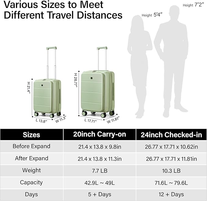 MILADA Expandable Checked Luggage 24 Inch Top Opening Travel Luggage Hard Shell Suitcases with Wheels TSA Approved Luggage Trunk Rolling Medium Checked Suitcase, Bamboo Green