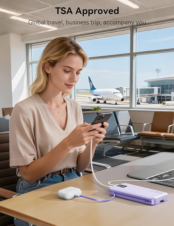 Portable Charger, 12000mAh 22.5W Fast Charging Power Bank with Built-in Cables & Wall Plug, Travel Essential Battery Pack with LED Display, USB C Battery Phone Charger for iPhone, iPad, Samsung Purple