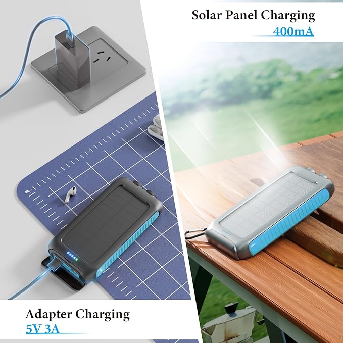 Solar Charger Power Bank 49800mAh Portable 15W Fast Charging Power Bank with QC3.0 USB-C & Dual USB-A Ports for Cell Phones, LED Flashlight, Carabiner, Waterproof Solar Panel for Camping, Outdoor