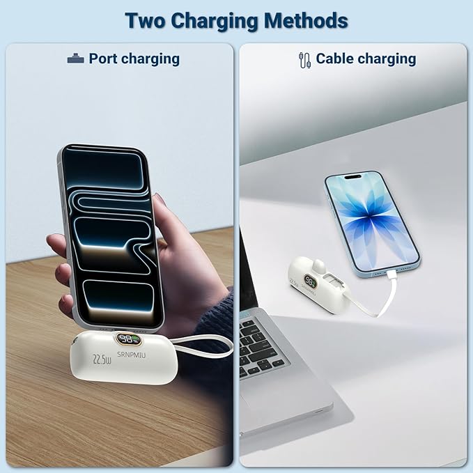 Portable Charger for iPhone 17/16/15 Series, 5000mAh Mini Power Bank with Built-in USB C Connector, 22.5W Fast Charging Battery Pack for Samsung Galaxy S25/S24/S23 Series, iPad etc (White)
