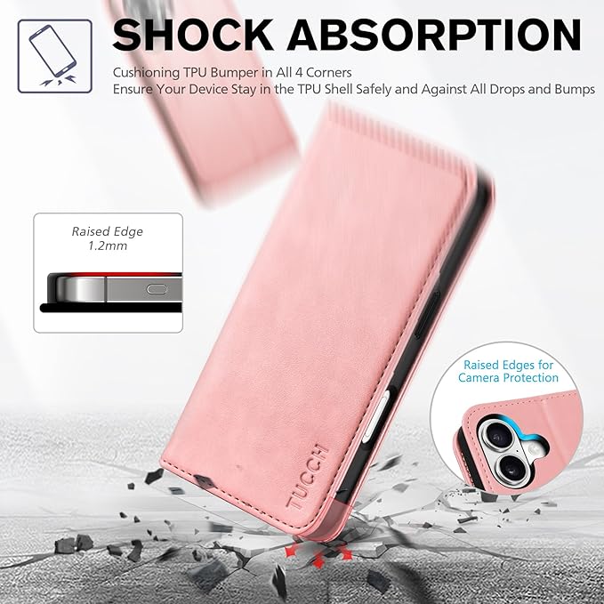TUCCH Case Wallet for iPhone 17 (6.3") 2025, RFID Blocking 3 Card Holders | Kickstand | PU Leather | Protective Flip Folio Cover | TPU Shockproof Interior Shell | Pink