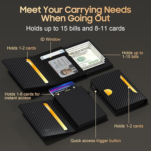 Frapkom Men Wallet, Trigger Wallet 8-11 Cards, Smart Pop Up Card Wallet with RFID Blocking Function, Cash Slots, Credit Card Holder, ID Window (Carbon Fiber)