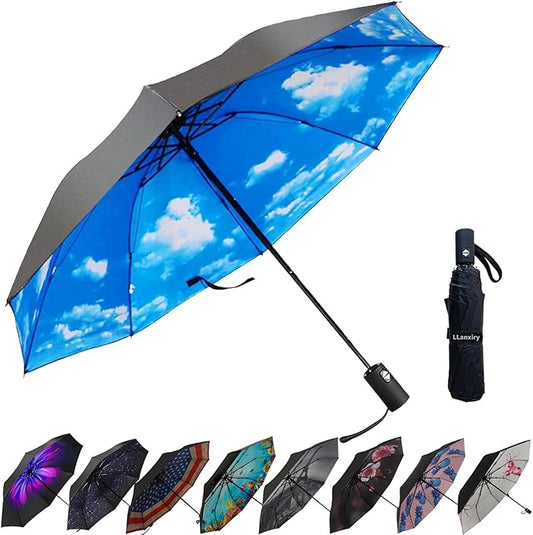 LLanxiry Compact Travel Umbrella, 44" Canopy, Automatic Open/Close Windproof Umbrella, 210T Pongee, 8-Rib Fiberglass, Travel Size Mini, Portable Rain/Sun Umbrellas UPF 50+ with Cover