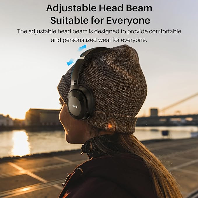 TOZO Hybrid Active Noise Cancelling Headphones, Wireless Over Ear Bluetooth Headset, 40H Playtime, Hi-Res Audio Custom EQ via App Deep Bass Comfort Fit Ear Cups, for Home Office Travel Black