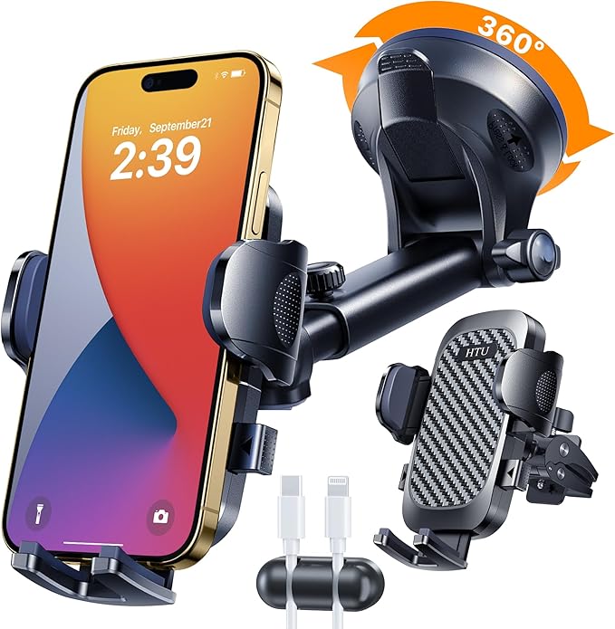 2026 Ultimate Best【True Military-Grade & Safety Cert】Car Phone Holder HTU【Upgraded 5-in-1 & 100+LBS Strongest Suction】360 Rotation Truck Windshield Dashboard Vent Mount Stand for iPhone Android, Black