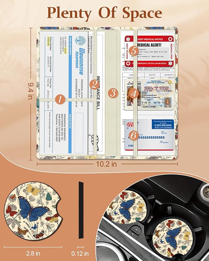 Slohif Car Registration and Insurance Card Holder - Butterflies Vehicle Glove Box Organizer Women with Magnetic Shut Leather Automobile License Holders Coasters Auto Accessories Case for Document