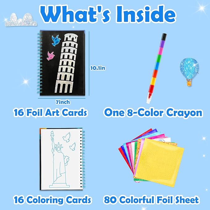 FUNNYB&G Foil Art Craft for Kids - Christmas Crafts Gift Party Favors Stocking Stuffers for Kids Fun Art Supplies Creative Birthday Gift Travel Toys for Girls Boys 4 5 6 7 8 9 Years Old(Buildings)