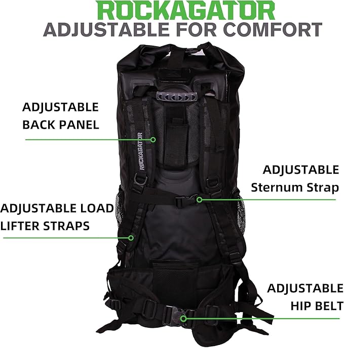 Rockagator Kanarra 90L Waterproof Backpack for Camping, Hiking, Mountaineering, Backpacking, Hunting, Fishing, Canoeing, Outdoor Activities, The Wet Outdoors - Large Capacity, Roll Top Closure, Black