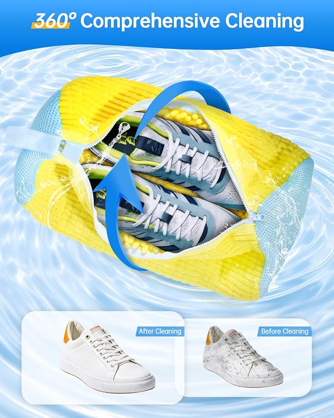 Shoe Washing Machine Bag – Reusable Laundry Shoe Bag for Washer and Dryer, Durable Chenille Microfiber with 360° Cleaning, Hidden Zipper Design for Sneakers, Tennis Shoes, Yellow