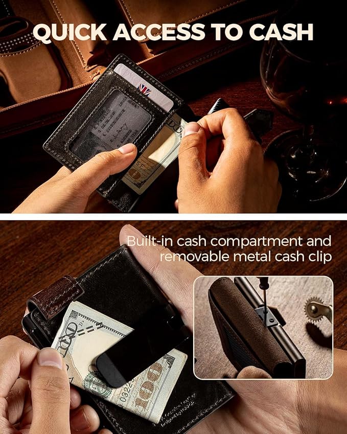 LORZOR Slim Wallet for Men with Security Latch, Pop Up Metal Card Holder Wallet, Finest Full Grain Leather Bifold Wallets, Smart, Minimalist, RFID Blocking, Front Pocket, ID Window