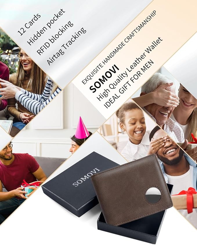 Mens Wallet with AirTag Holder, Genuine Leather Bifold RFID Blocking Wallet for Men - 2 ID Window 13 Cards Holders 1 Gift Box, AirTag Not Included