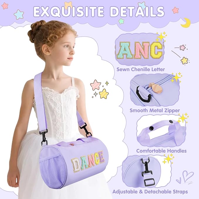 Dance Ballet Duffel Bag for Girls, Personalized Sport Gym Workout Toddler Duffel Bag Cheer Dance Bags, Cute Chenille Letter Waterproof Duffle Bags Gifts for Teens Girl Dancers Athletes(Purple)